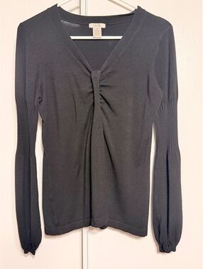 Cache Black Ruched V-Neck Long Sleeve Sweater Top Size Medium